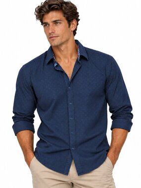 Spazio Navy Red Floral Print Button Up Shirt Contrast Paisley Collar Men's XL